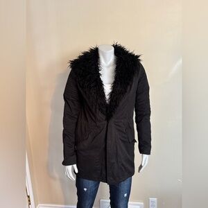 Maison Scotch / Scotch & Soda - black jacket with faux fur hood and collar.